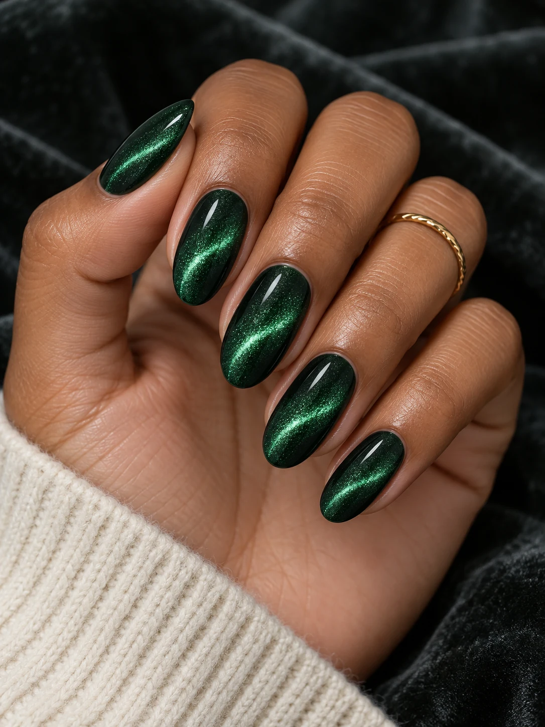 Deep green magnetic cat-eye nails with curved emerald velvet light bands
