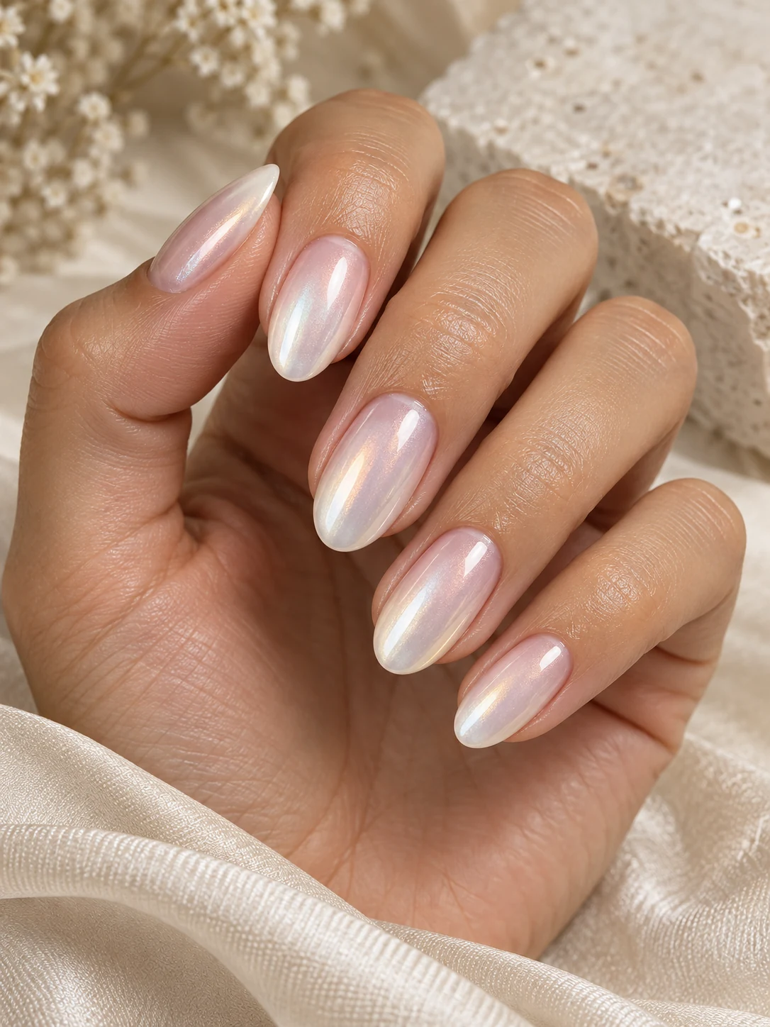 Pearl glaze nails: Oval · soft iridescence. Milky pearl shine with a soft pink undertone.