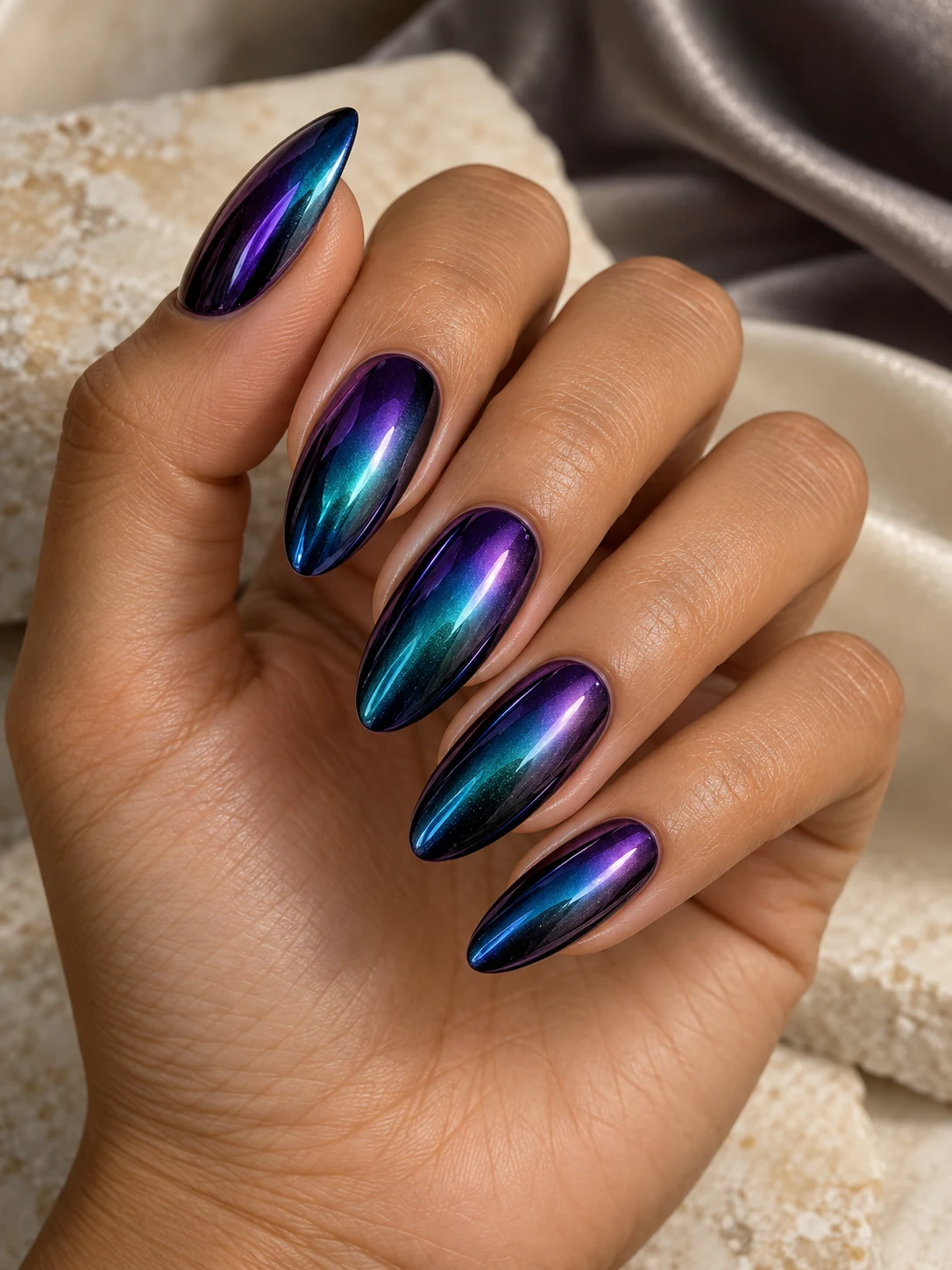 Purple shift nails: Almond · purple-to-teal. Jewel-tone purple, teal and blue reflections.