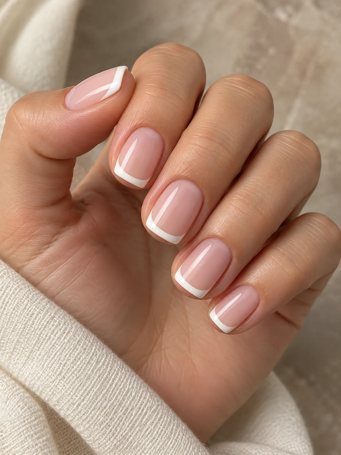 Classic French: short squoval nails with glossy white French tips and nude-pink centers